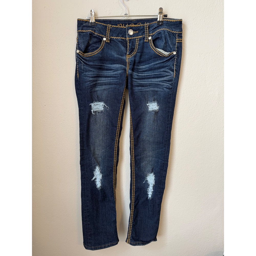 Rue21 Womens 3/4 Y2K Ultra Low Rise Skinny Jeans Distressed Dark Wash McBling